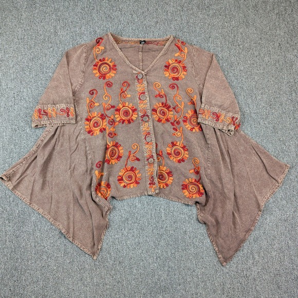 Sacred Threads Boho Embroidered Handkerchief Hem Top S/M Brown Artsy Lagenlook — photo 2